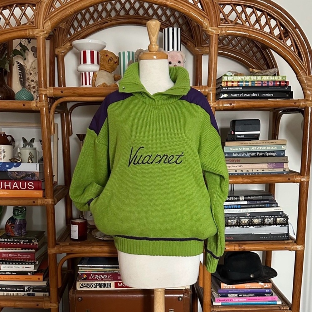 Vintage Women’s Large / Men’s Medium Vuarnet Knit Sweater Lime Green + Purple